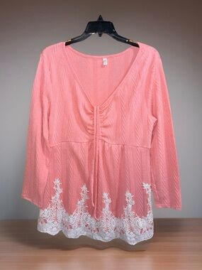 Rosegal Women’s Coral Pink V-Neck Lace-Hem Tunic-M-EC